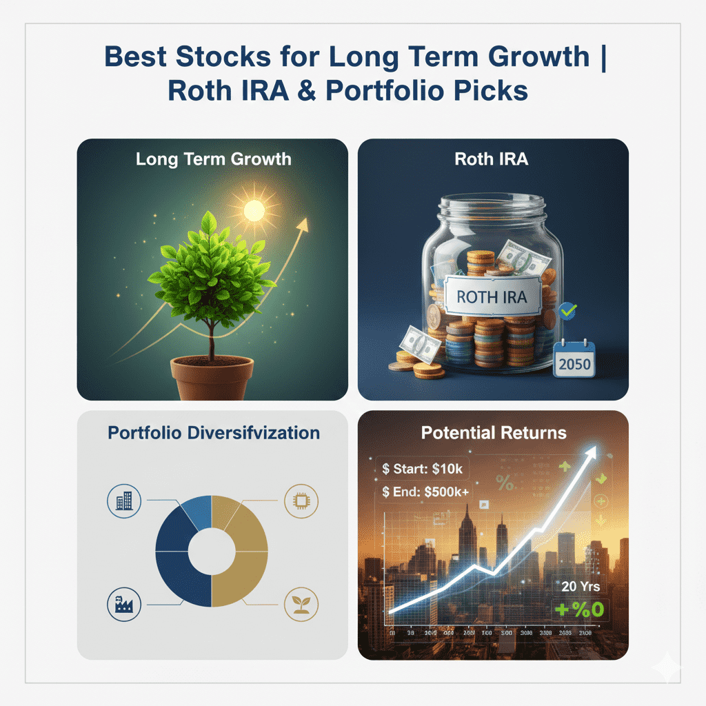 Best stocks for long term growth, Roth IRA investment, portfolio diversification, and potential returns chart