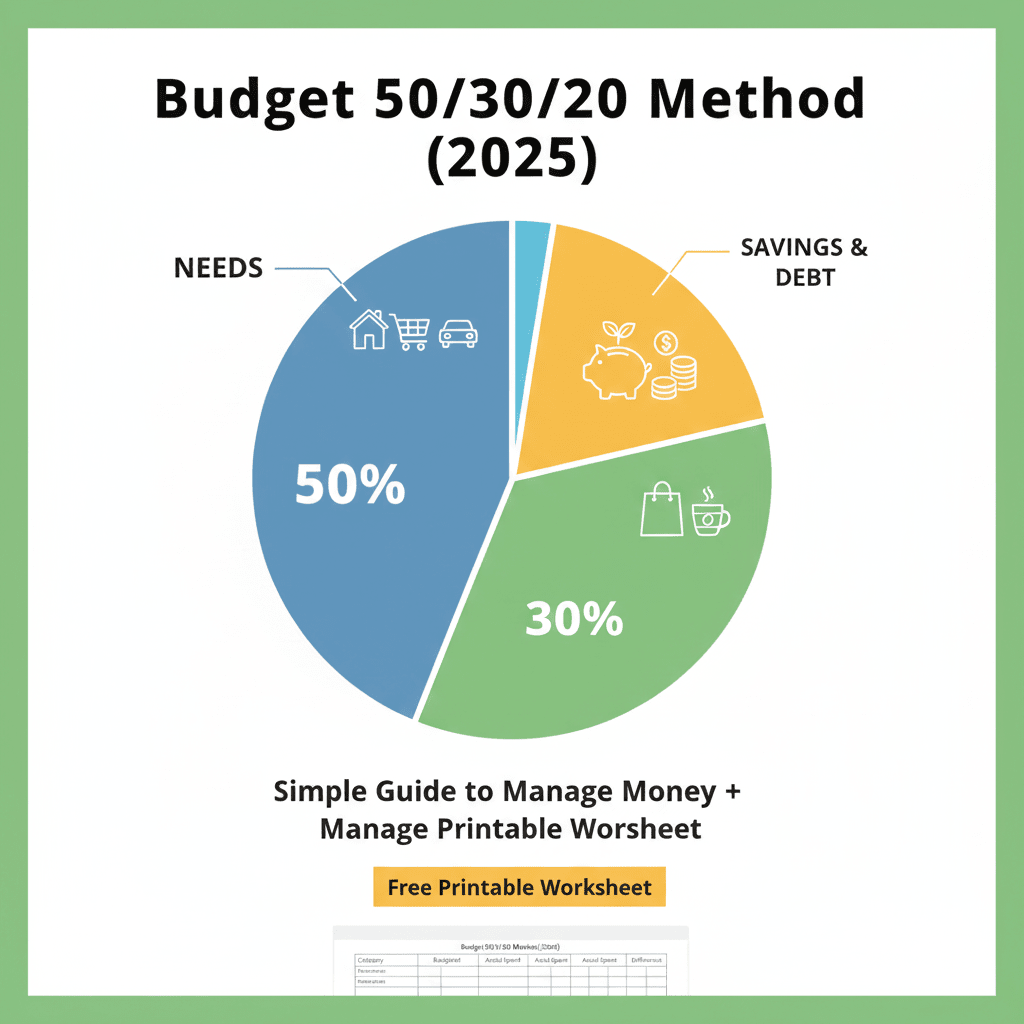 A pie chart illustrating the 50/30/20 Budget Method. The largest blue section is 50% for NEEDS (with icons for a house, cart, and car), the green section is 30% for WANTS (with icons for a shopping bag and coffee cup), and the orange section is 20% for SAVINGS & DEBT (with a piggy bank and coins icon). The title is "Budget 50/30/20 Method (2025)."