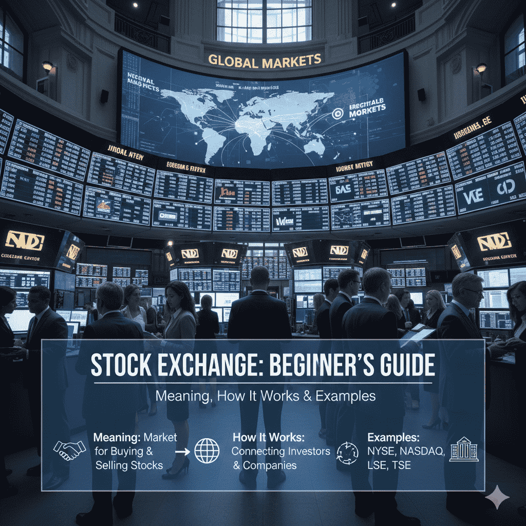 A professional infographic of a modern stock exchange floor with global market screens and a text overlay explaining the meaning, function, and examples of stock markets like NYSE and NASDAQ.