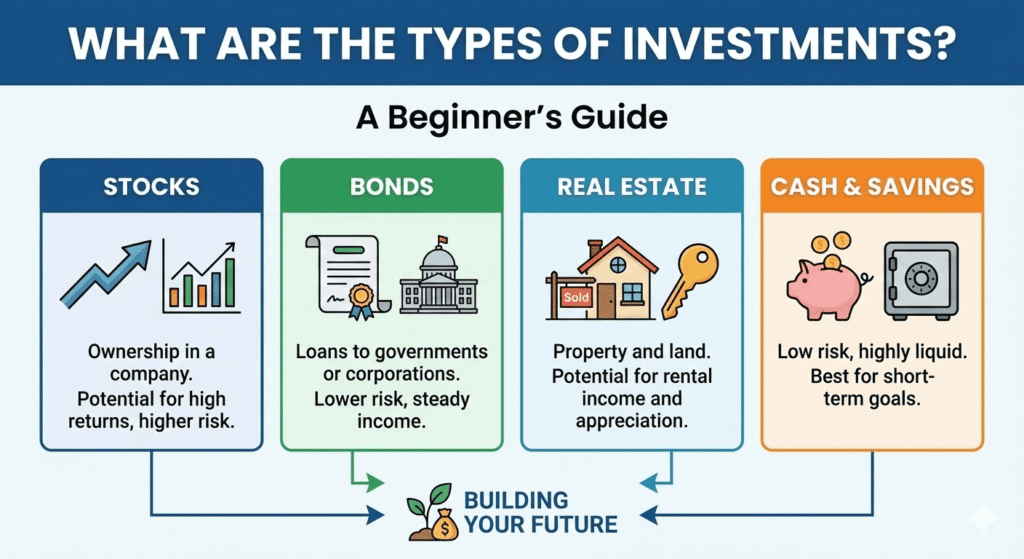 Comparison chart showing four main investment types: Stocks, Bonds, Real Estate, and Cash & Savings.