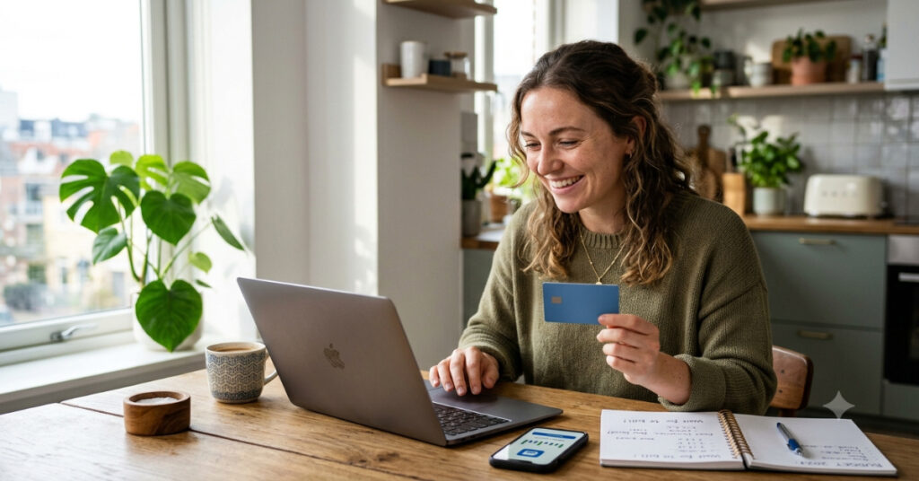 Young adult reviewing a generic credit card and banking app on a laptop at home while learning how credit cards work.