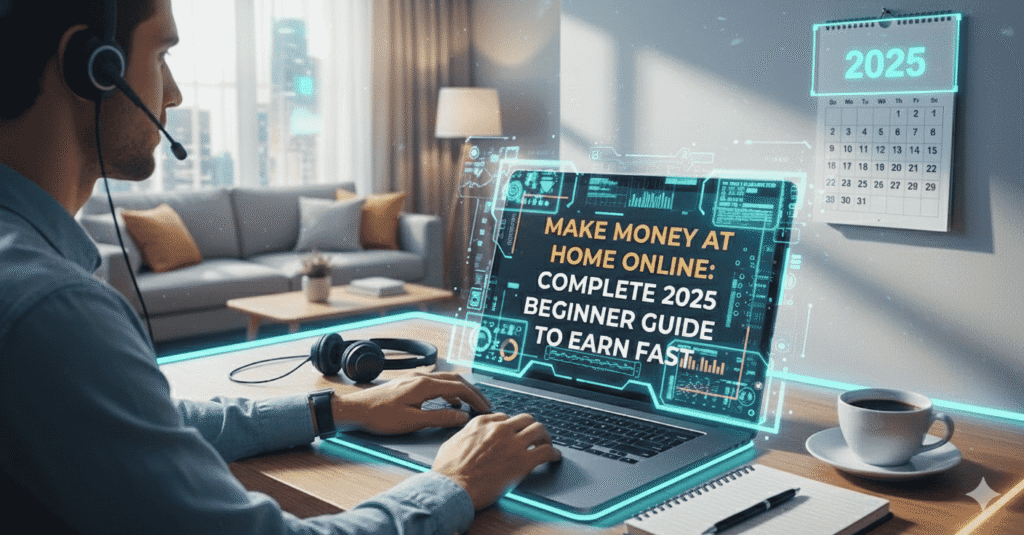Person working from home on a laptop with headset, learning how to make money online, with a 2025 guide displayed on the screen.