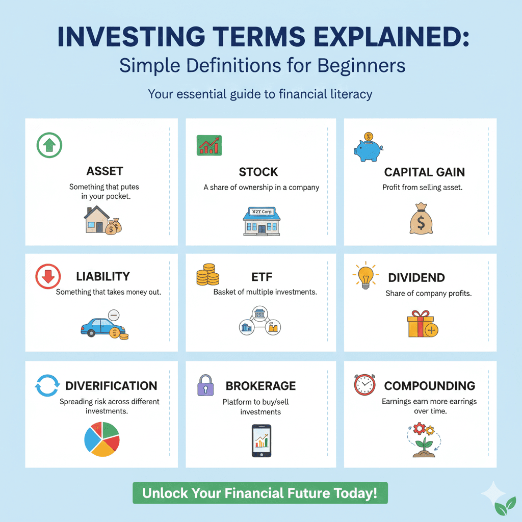 Infographic titled "Investing Terms Explained" showing a 3x3 grid of basic financial definitions with colorful icons on a light blue background.