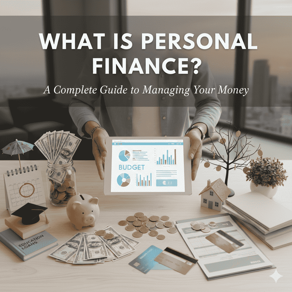 A flat-lay view of a person holding a tablet displaying a budget app, surrounded by financial items like a piggy bank, stacks of cash, coins, credit cards, and a small model house.