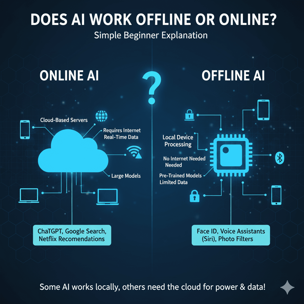 A split-screen illustration showing a cloud icon with Wi-Fi signals on one side and a microchip icon on the other, representing online vs offline AI.
