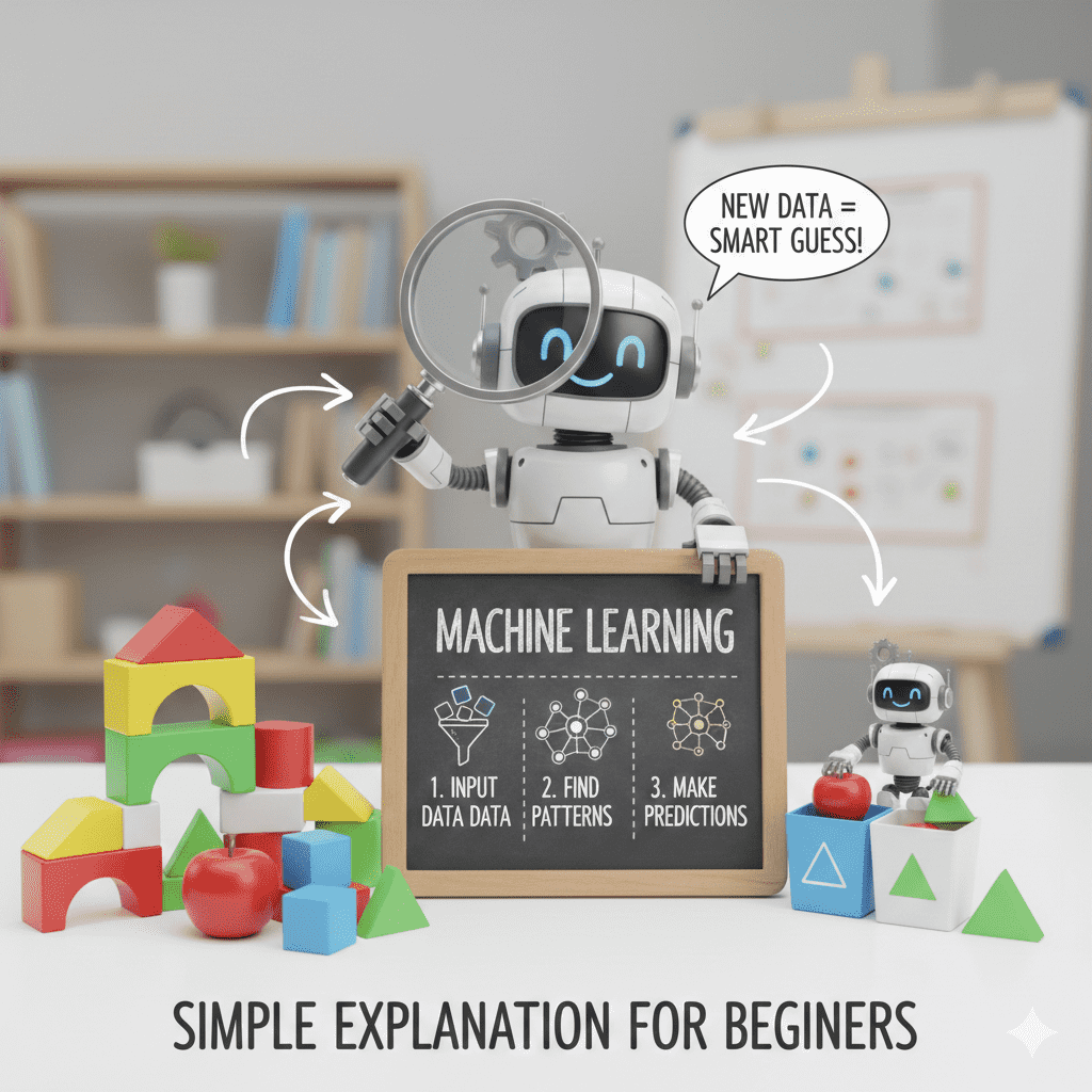 A friendly white robot in a classroom setting holding a magnifying glass over colorful building blocks and a chalkboard explaining the three steps of Machine Learning: Input Data, Find Patterns, and Make Predictions.