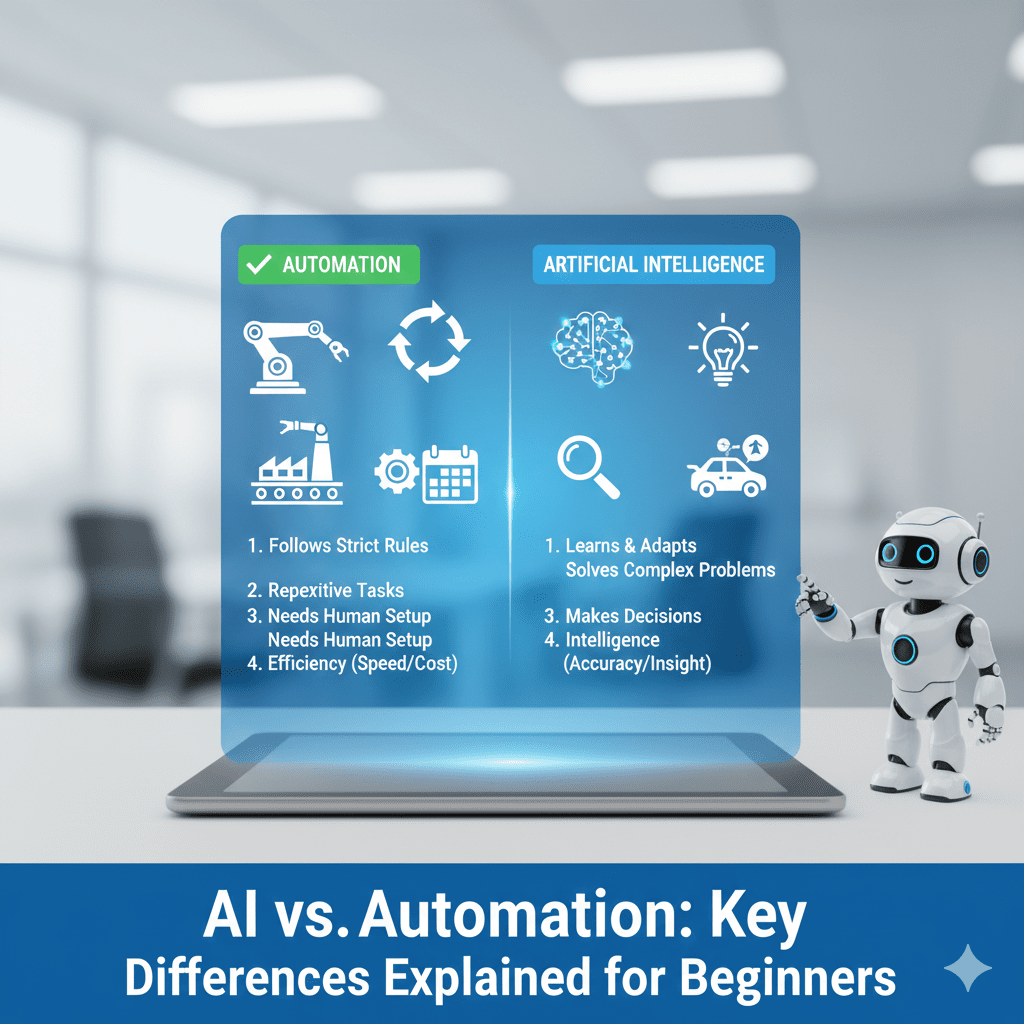 A comparison graphic showing Automation (Rule-based, "If X, then Y", repetitive tasks) vs. AI (Learning-based, decision making, adapts to new data).