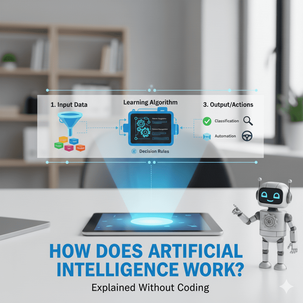 A 3-step infographic showing the AI process: 1. Input Data, 2. Learning Algorithm & Decision Rules, and 3. Output/Actions like Classification and Automation.