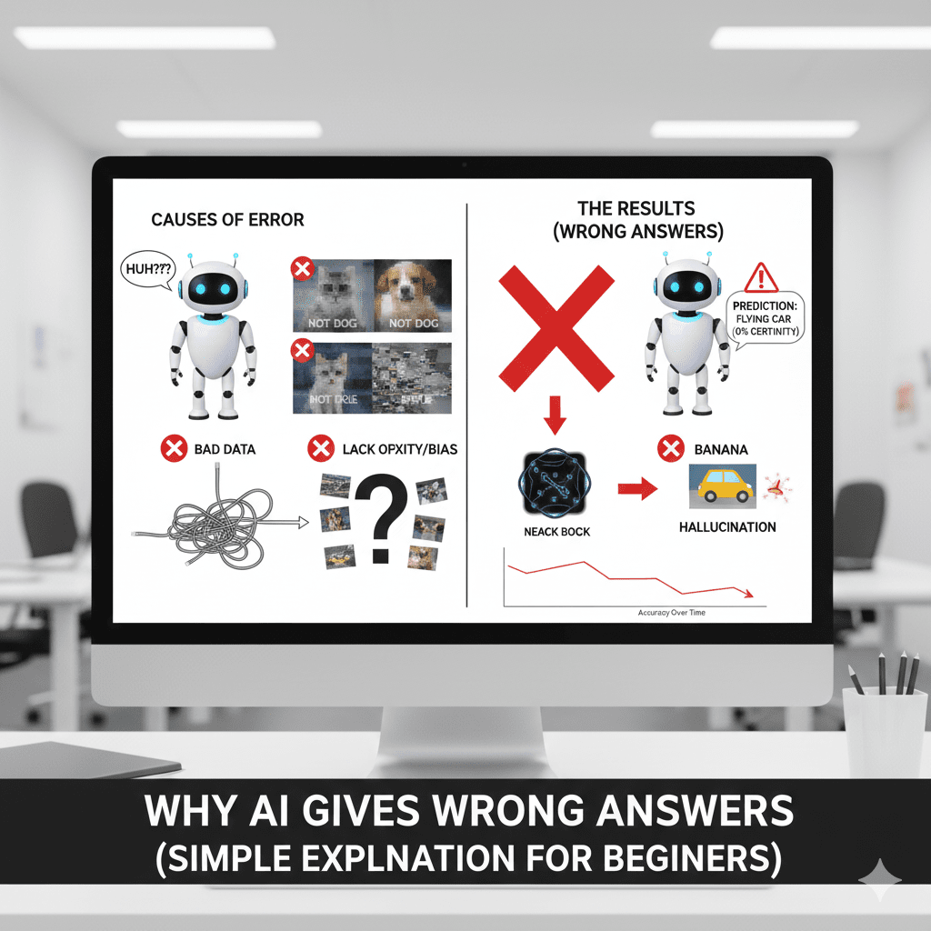 A 3D conceptual illustration showing a robot looking at three logic paths. Path 1: "Outdated Info" (a dusty book), Path 2: "Biased Data" (tilted scales), and Path 3: "Lack of Context" (a puzzle piece that doesn't fit). The robot scratches its head in confusion.