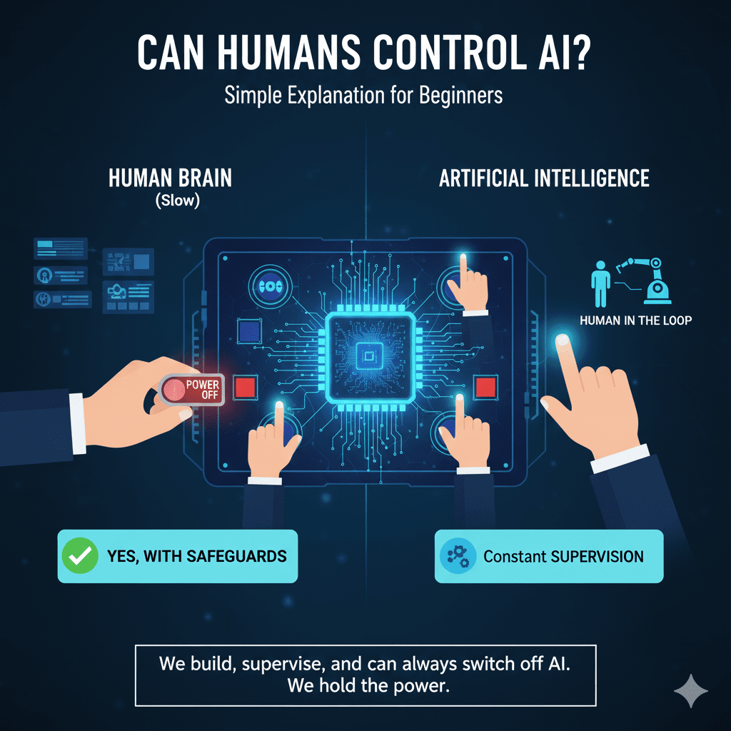 A conceptual illustration of a human hand holding a glowing blue digital "leash" or control tether connected to a large, complex orb of light representing AI.