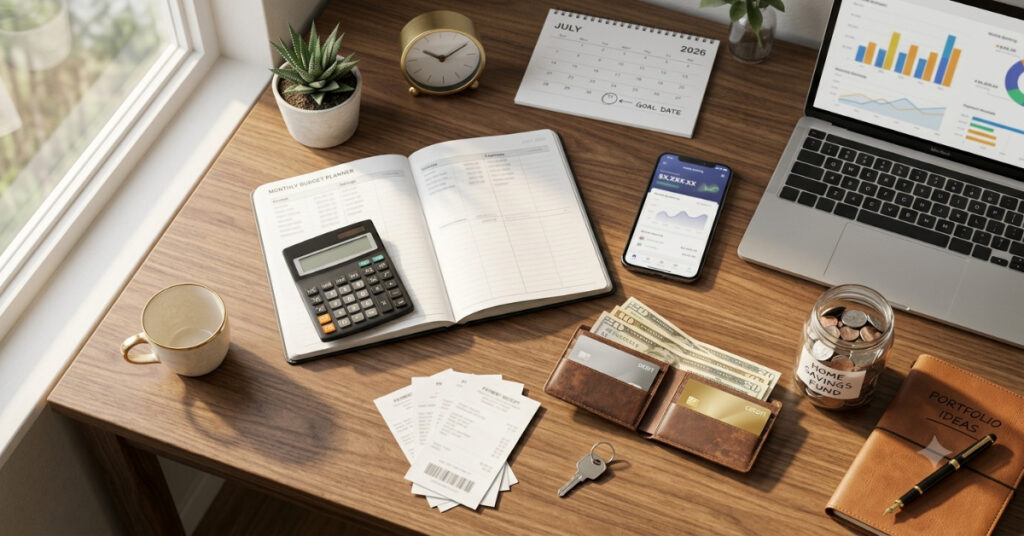 Organized personal finance workspace with a budget planner, calculator, wallet, savings jar, debit card, credit card, and financial planning tools.