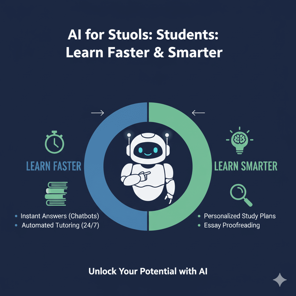 An infographic split into two sides. Left (Learn Faster): Instant Answers via Chatbots and 24/7 Automated Tutoring. Right (Learn Smarter): Personalized Study Plans and Essay Proofreading.