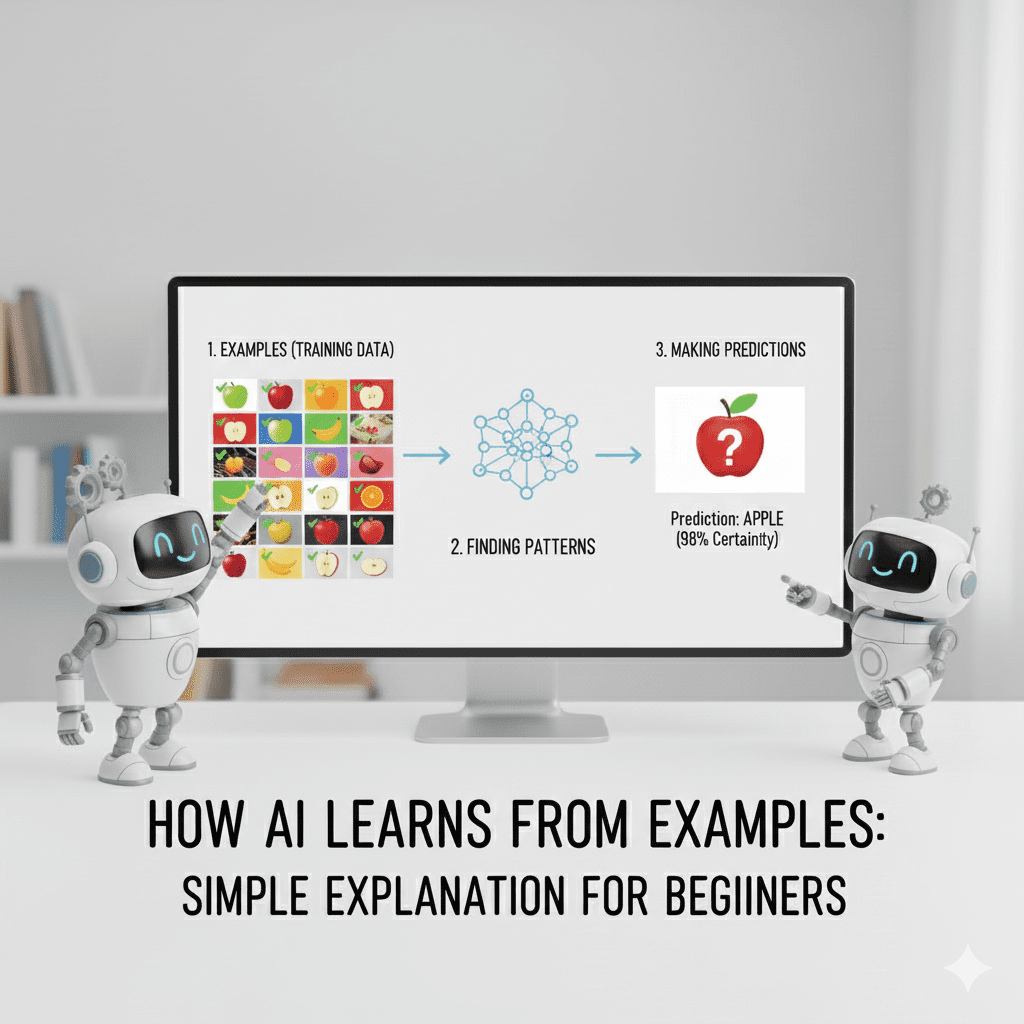 An infographic on a computer screen showing three steps: 1. Examples (Training Data) with a grid of fruit photos, 2. Finding Patterns with a neural network icon, and 3. Making Predictions showing a 98% certainty that an image is an apple.