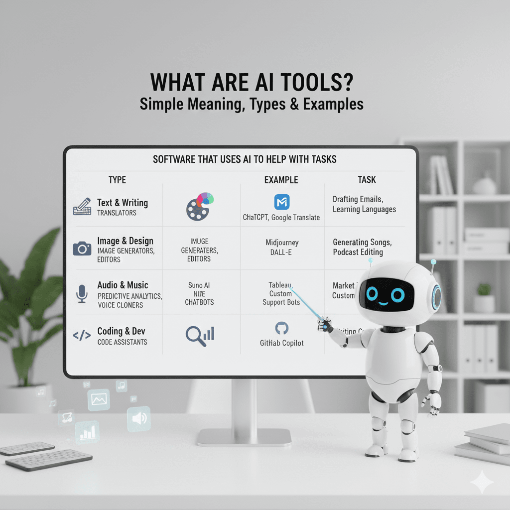 A 3D illustration of a friendly white robot holding a digital toolbox. Various floating icons represent different AI tools, such as a speech bubble for chatbots, a paintbrush for image generators, and a magnifying glass for data analysis.