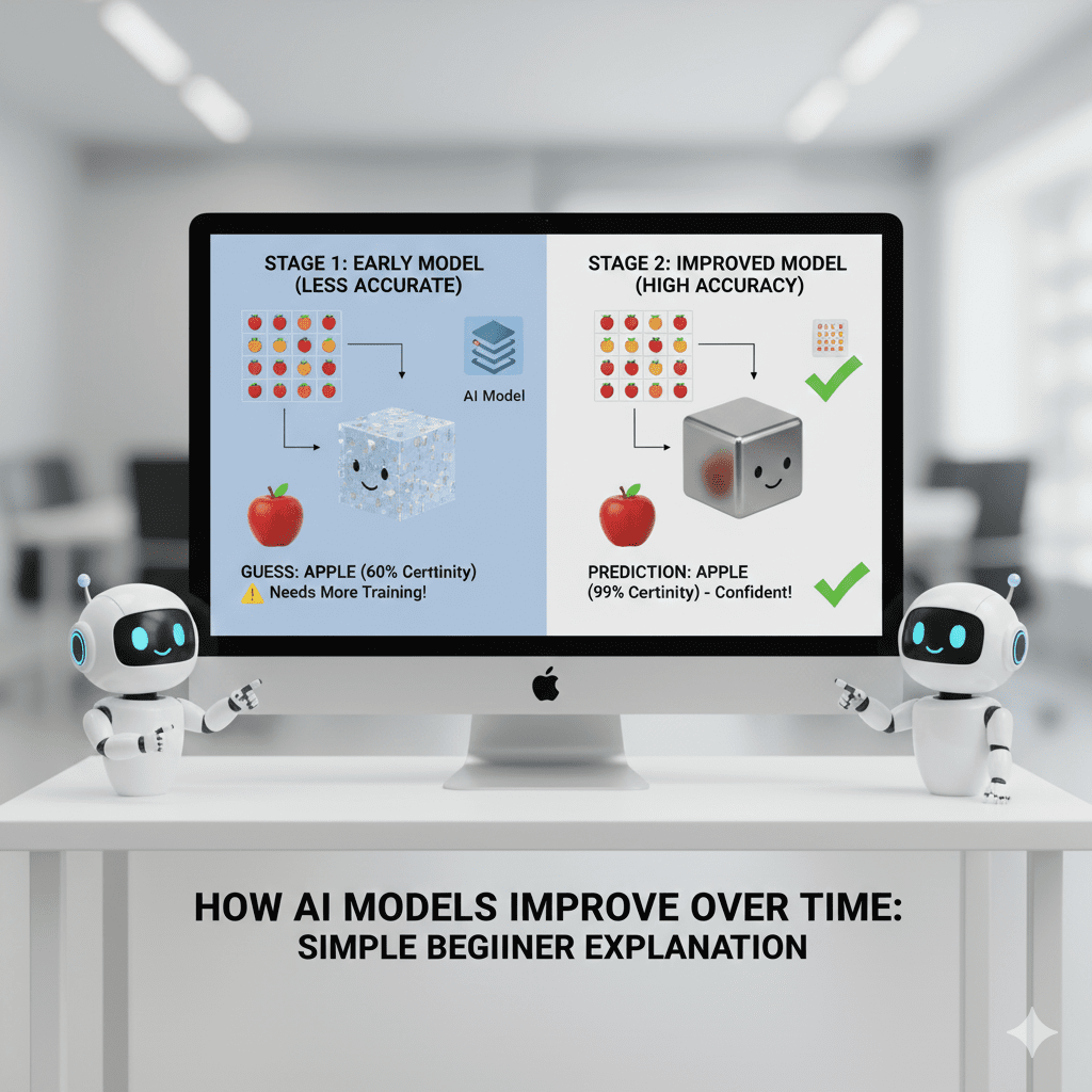 An infographic showing a circular loop. It starts with "Prediction," moves to "Feedback" (checking if the guess was right or wrong), and returns to "Improvement" where the AI model grows more complex and accurate.