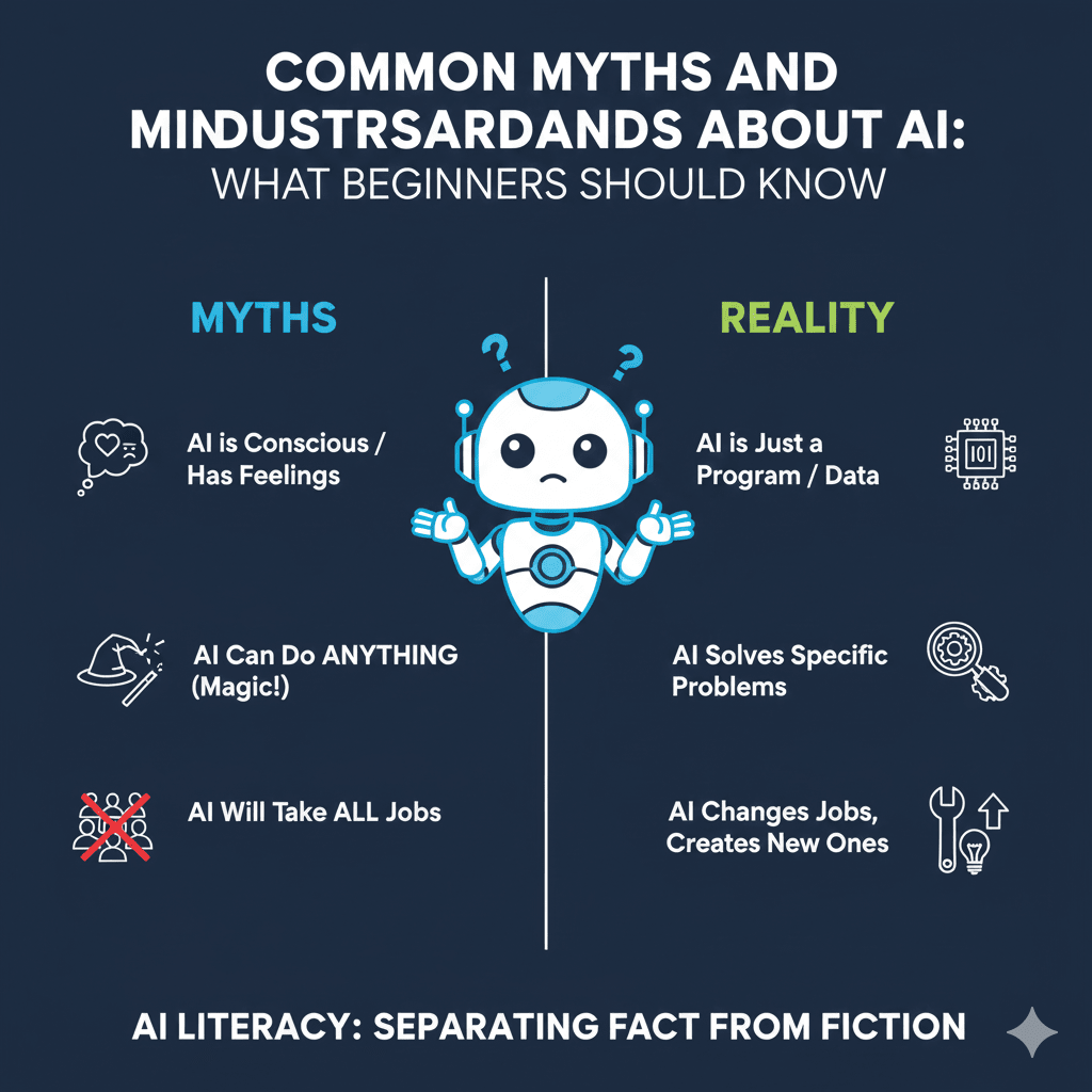 An infographic comparing AI myths and facts. Myth 1: AI is conscious (Reality: AI is code/data). Myth 2: AI is magic (Reality: AI solves specific problems). Myth 3: AI takes all jobs (Reality: AI changes roles and creates new ones).