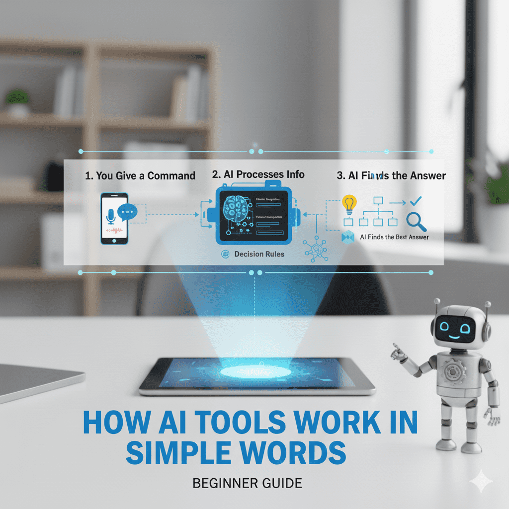 Infographic showing the AI workflow: 1. Input Data (funneling blocks), 2. Learning Algorithm (gears and decision rules), and 3. Output/Actions (classification and automation).