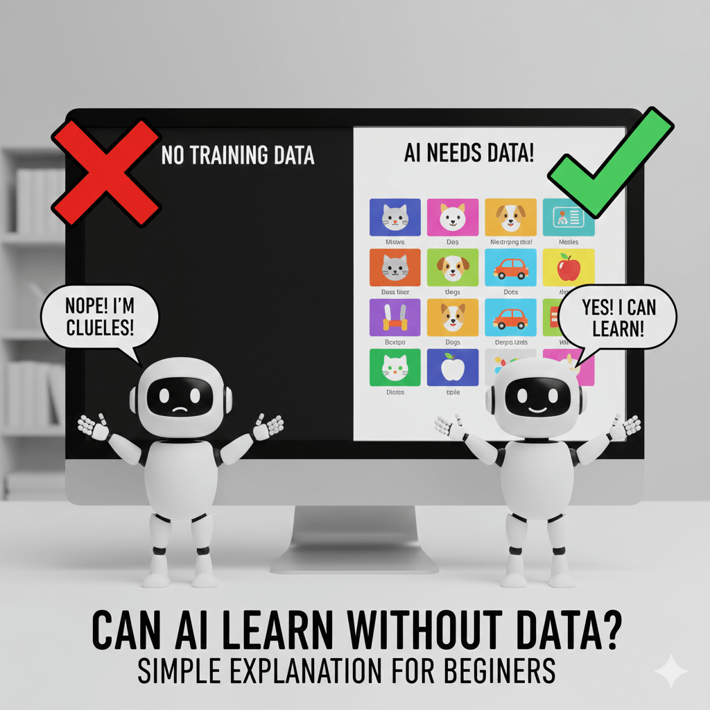 A conceptual illustration comparing an empty "No Training Data" screen with a frustrated robot saying "Nope! I'm Clueless!" to a screen full of examples labeled "AI Needs Data!" where a happy robot says "Yes! I Can Learn!"