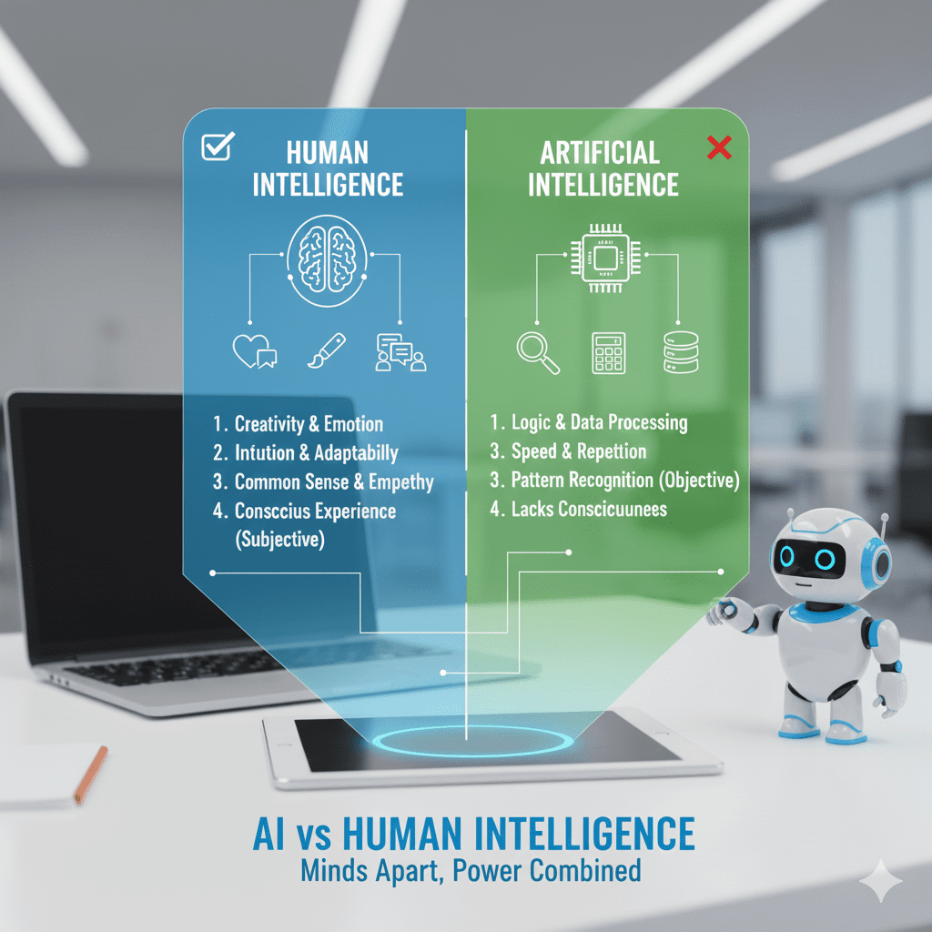 A comparison infographic: Human Intelligence (Creativity, Emotion, Intuition, Common Sense, Empathy) vs. Artificial Intelligence (Logic, Data Processing, Speed, Pattern Recognition).