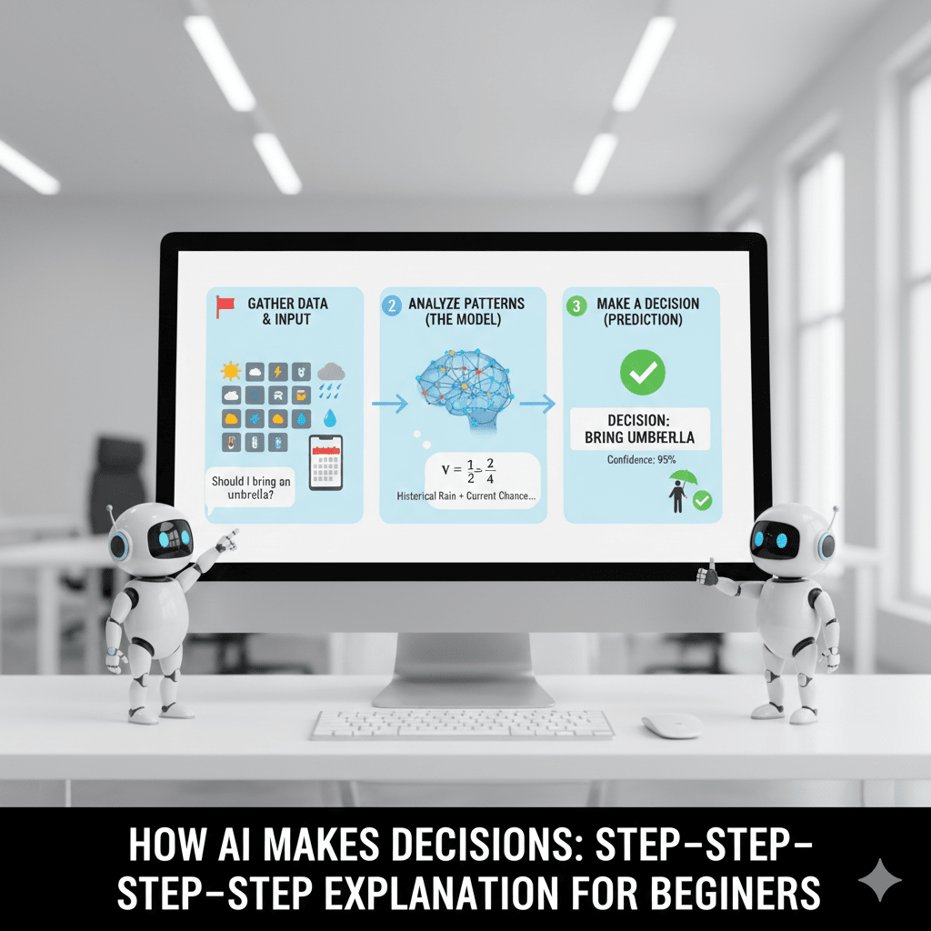 A 3D infographic showing a path through a robot's "thought process." It follows four clear stages: 1. Input (receiving a photo), 2. Feature Extraction (identifying shapes and colors), 3. Weighting (assigning importance to features), and 4. Output (the final decision).