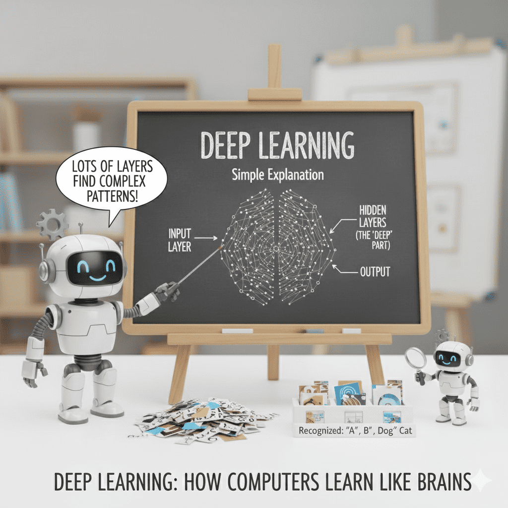 A friendly white robot standing next to a glowing, multi-layered "brain" structure made of interconnected dots and lines. The image shows data passing through multiple layers to solve a complex puzzle, representing a Deep Neural Network.