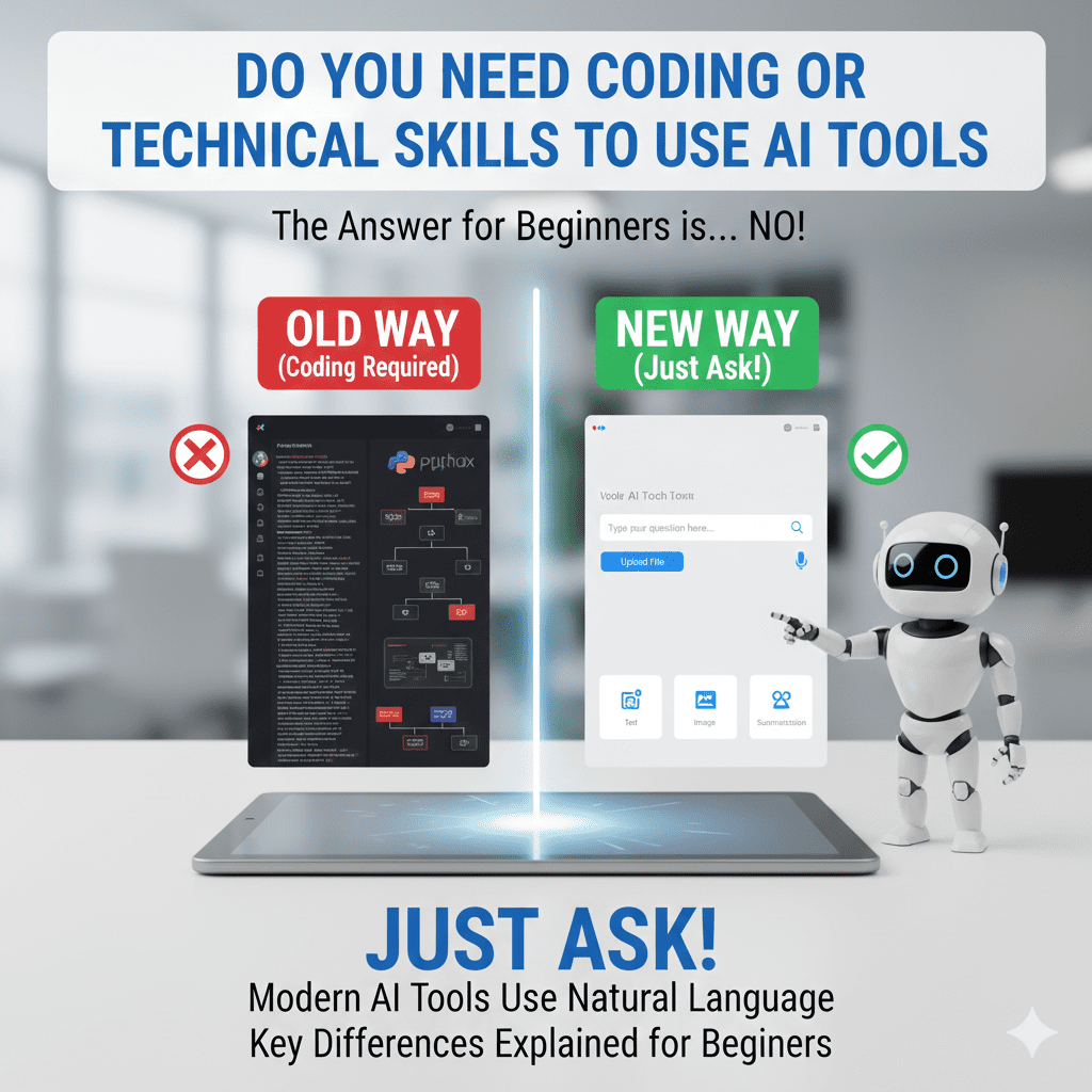 Infographic comparing the "Old Way" of coding with Python to the "New Way" of using AI. The new way shows a simple text box where users can "Just Ask!" in natural language.