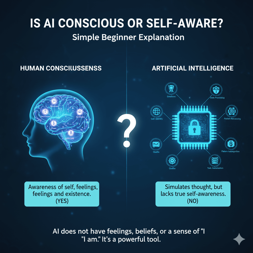 A digital humanoid face made of glowing blue circuit lines looking into a mirror and seeing only lines of code as its reflection, symbolizing a lack of true self-awareness.