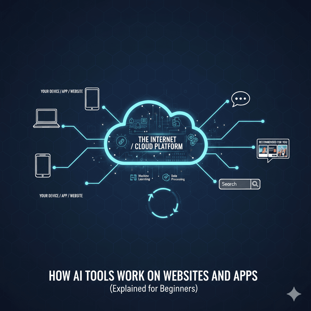A conceptual digital illustration showing a user interacting with a mobile phone and laptop, with glowing neural network lines connecting the devices to a central AI brain icon.