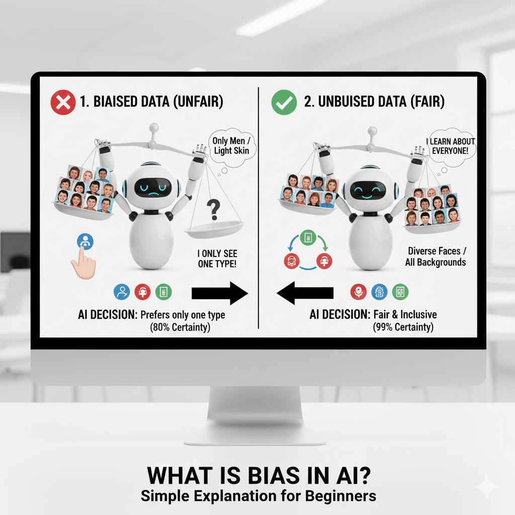 A 3D illustration of a robot looking through a camera lens that is tinted one color. On one side of a fence, there are many blue shapes, and on the other, only one yellow shape. The robot concludes, "The world is only blue," because it cannot see the full picture.