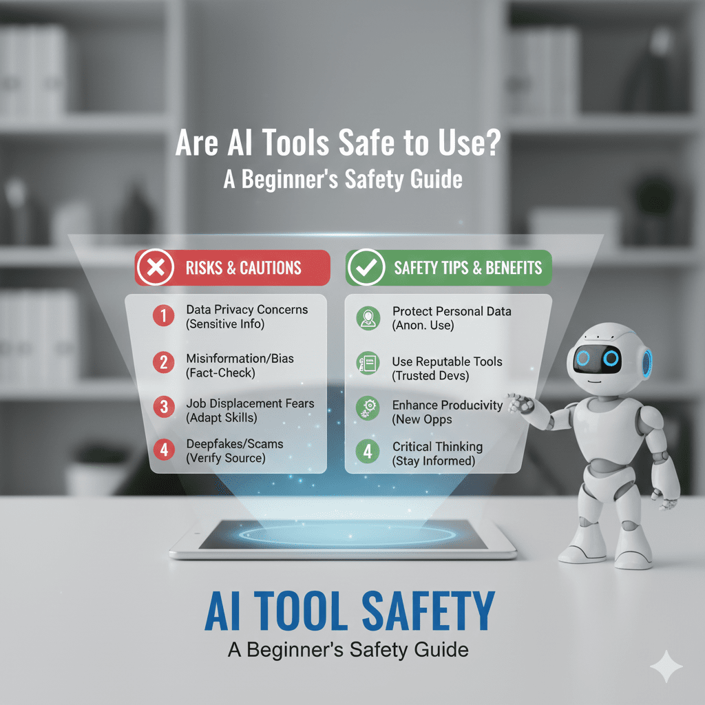 An infographic titled 'Are AI Tools Safe to Use?' comparing Risks & Cautions (Data privacy, Misinformation, Job displacement, Deepfakes) against Safety Tips & Benefits (Protecting personal data, using reputable tools, enhancing productivity, critical thinking).