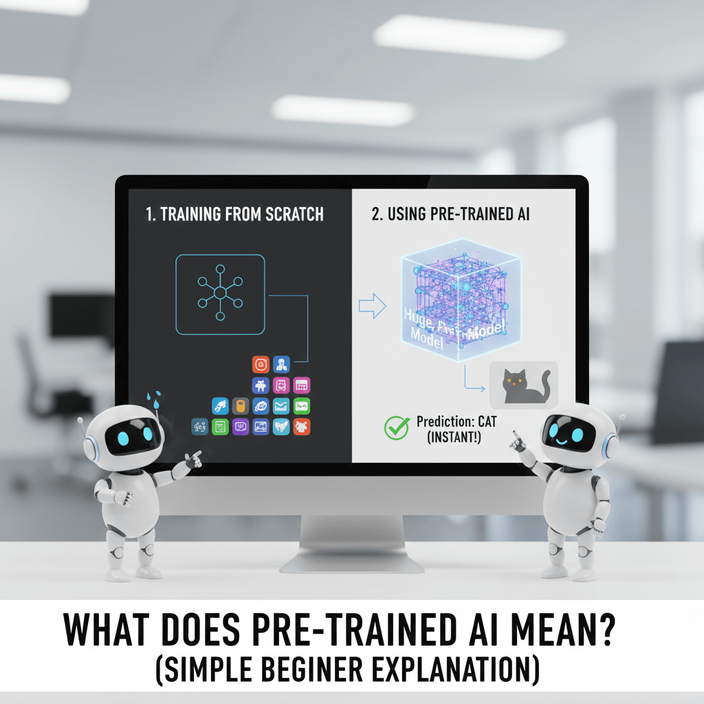 A 3D illustration of a robot picking up a "ready-to-use" brain from a shelf labeled "Pre-trained." In the background, a factory represents the massive data and time it took to build it.