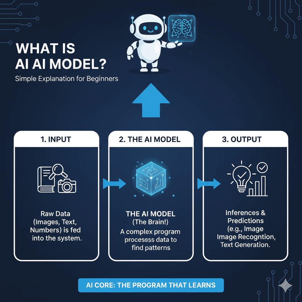 An infographic explaining the three stages of an AI model. 1. Input: Raw data like images and text are fed into the system. 2. The AI Model: A complex program that processes data to find patterns. 3. Output: Inferences and predictions like image recognition and text generation.