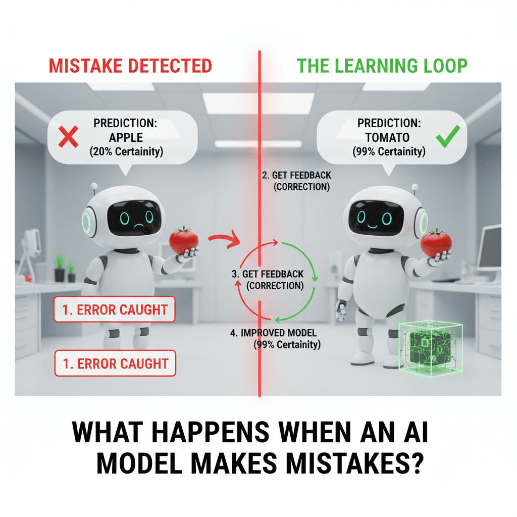 A conceptual illustration of a robot looking confused at a screen where a prompt asks for a "Square Circle." The AI has generated a strange, impossible shape, and a "Warning: Hallucination" icon appears. Another robot nearby is using a "Correction Tool" to fix the error.