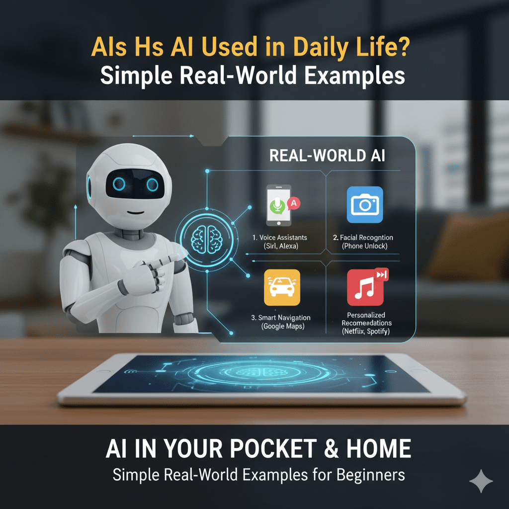 An infographic showing common AI uses in daily life: 1. Smart Assistants (Siri/Alexa icon), 2. Navigation (GPS icon), 3. Recommendations (Streaming icon), and 4. Safety (Spam filter/Face ID icons).