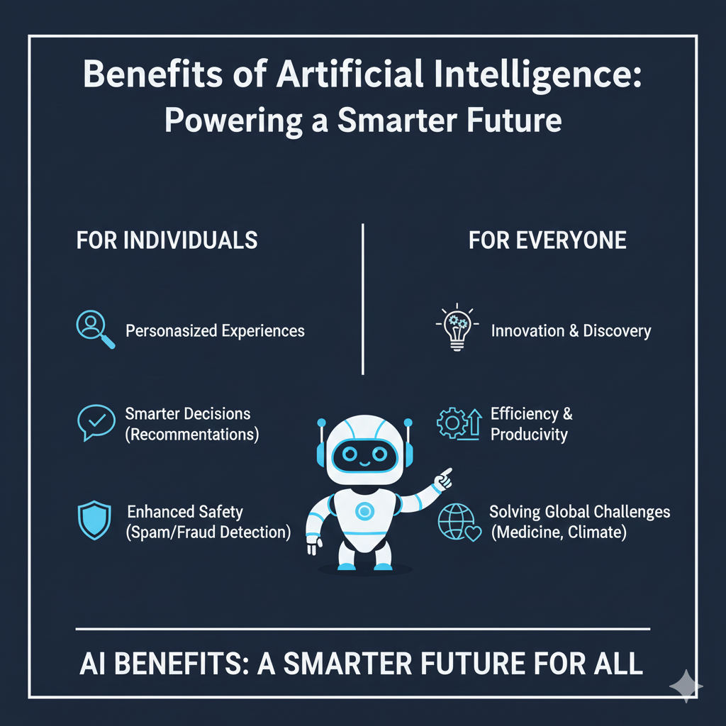 An infographic summarizing AI benefits. For Individuals: Personalized experiences, smarter decisions (recommendations), enhanced safety (spam/fraud detection). For Everyone: Innovation & discovery, efficiency & productivity, solving global challenges (medicine, climate).