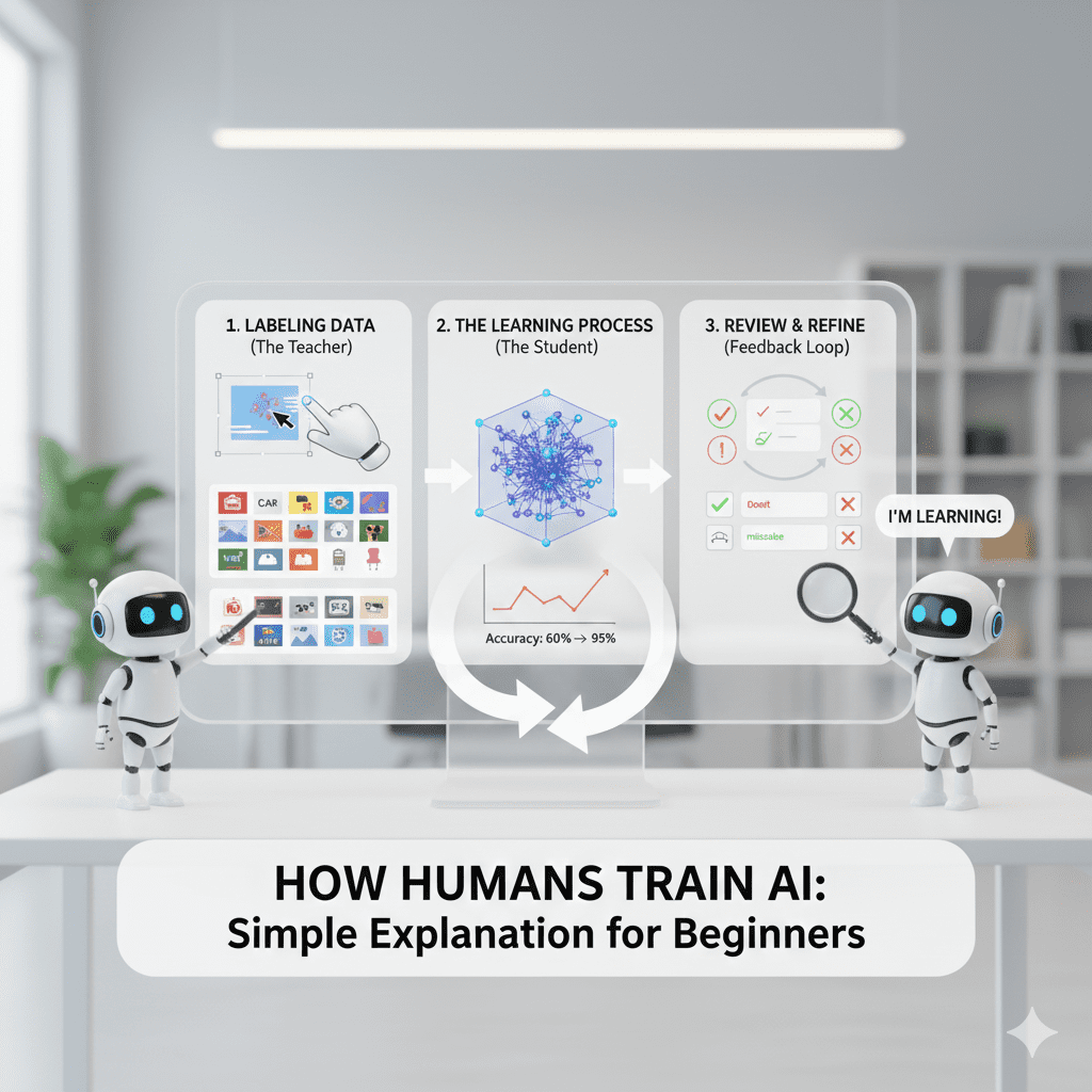 A 3D illustration of a human teacher sitting next to a friendly robot. The human is holding a digital tablet showing a picture of a cat, and the robot is nodding as it "labels" the image. This represents the concept of humans providing the initial knowledge and corrections for AI.
