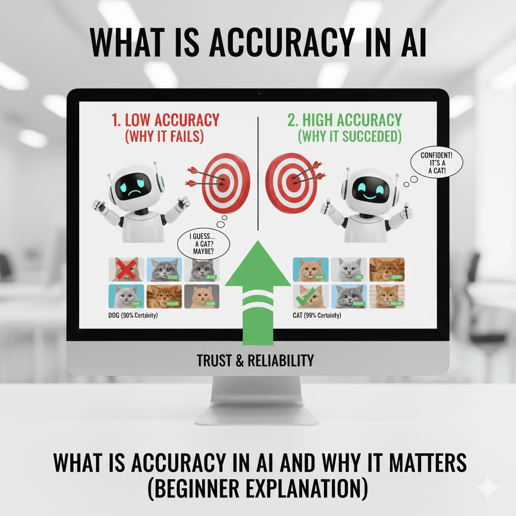 A 3D illustration of a robot throwing darts at a target. Most darts are hitting the center "Bullseye," which is labeled "Correct Predictions." A score counter on the side shows "Accuracy: 98%."