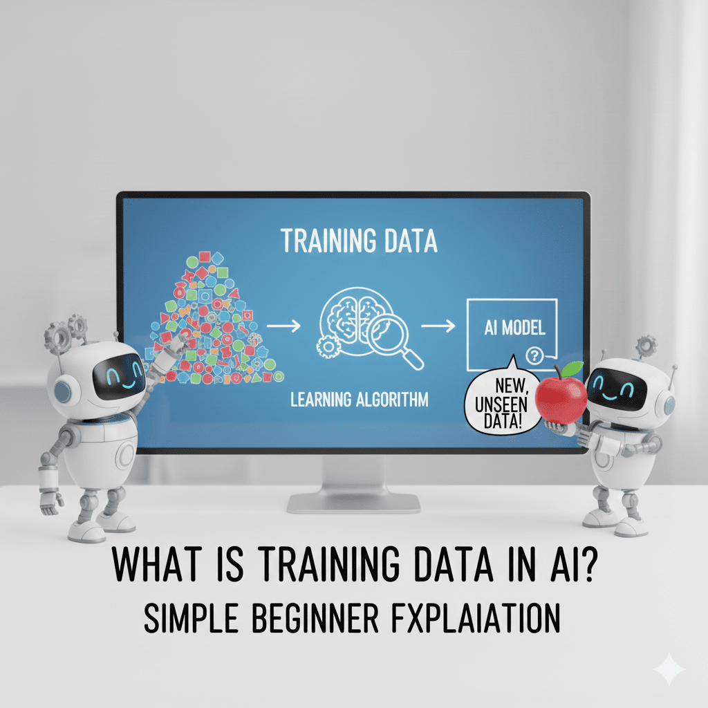 A conceptual illustration of AI training data featuring two small white robots next to a computer screen showing a flowchart from data to a learning algorithm to an AI model.