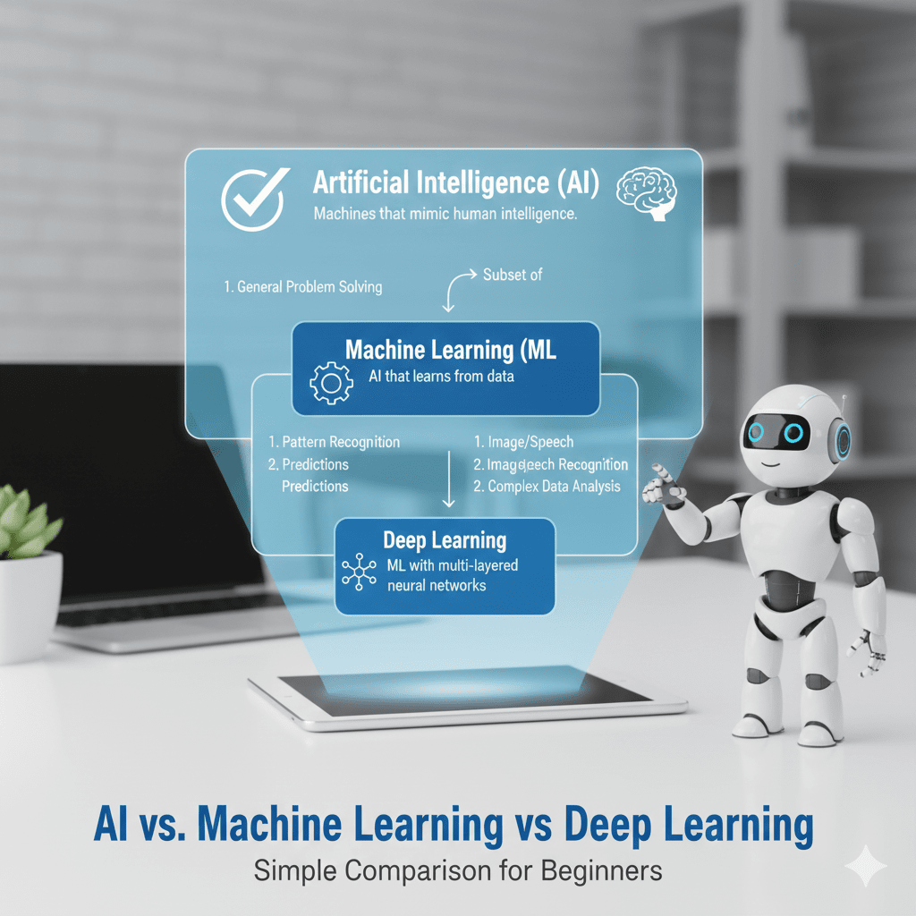 An infographic showing the relationship between AI concepts: Artificial Intelligence (broad circle), Machine Learning (subset of AI), and Deep Learning (subset of ML with neural networks).