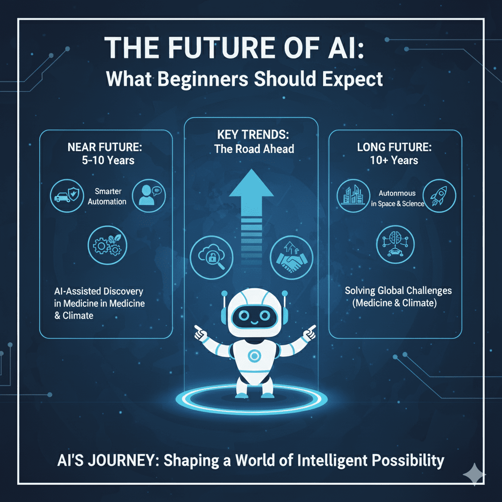 An infographic showing the timeline of AI evolution. Near Future (5-10 Years): Smarter automation and AI-assisted discovery in medicine and climate. Long Future (10+ Years): Autonomous systems in space/science and solving major global challenges.