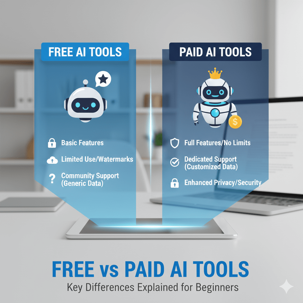 A comparison infographic showing Free AI tools (basic features, slower speeds, usage limits) vs. Paid AI tools (advanced models, priority speed, high limits, and team features).