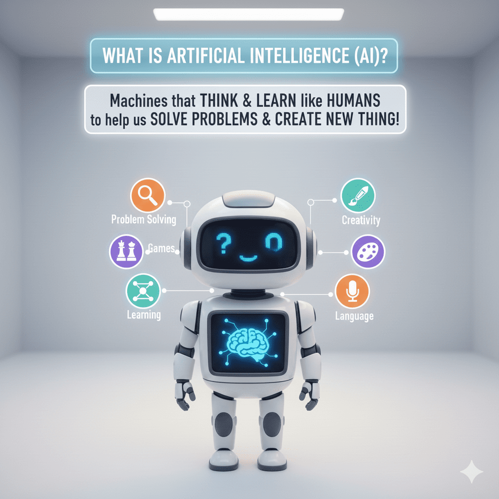 A professional 3D illustration of a friendly robot in a clean, minimalist studio, surrounded by icons representing AI capabilities like problem-solving, learning, and creativity.