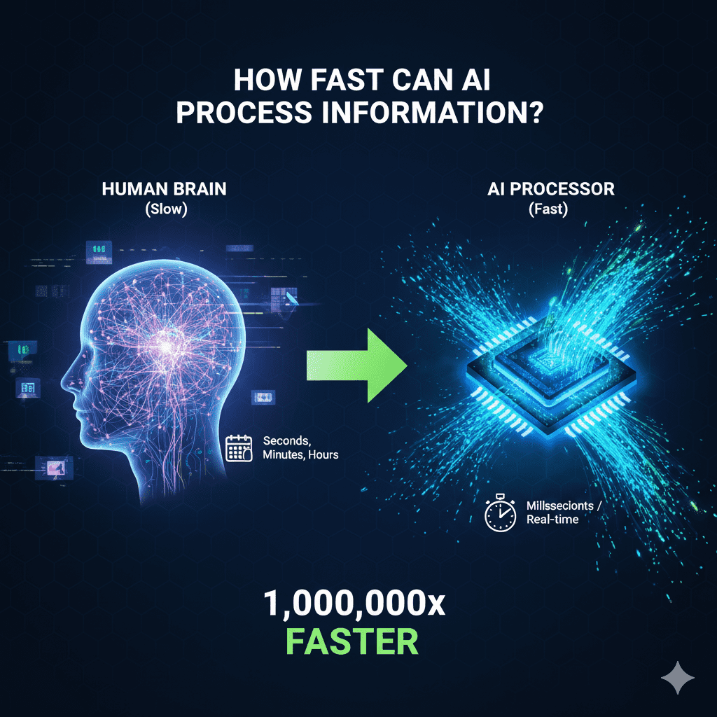 A futuristic digital illustration of a glowing brain silhouette with light trails and binary code flying past it at high speed, representing rapid AI data processing
