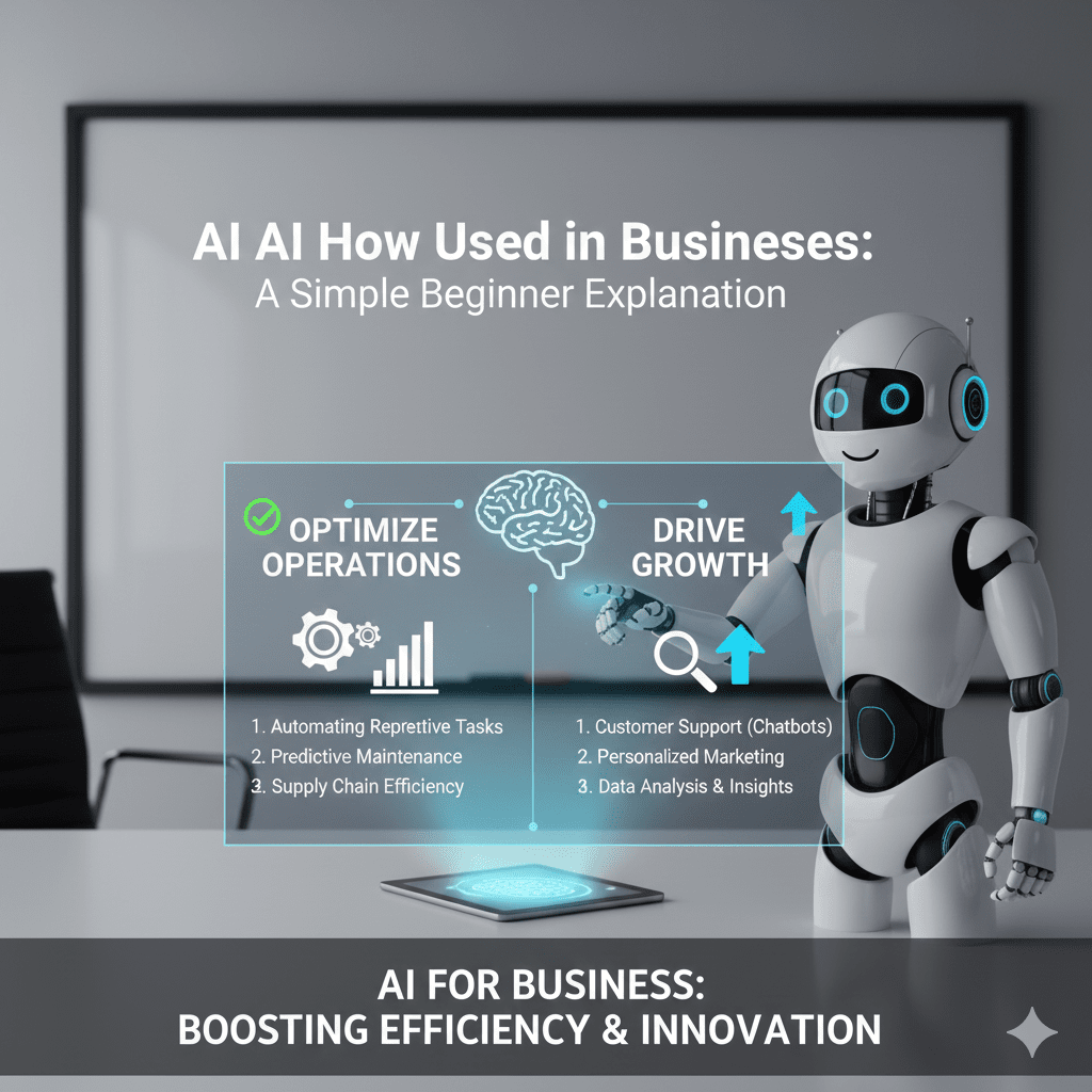 An infographic showing AI uses in business. Left side (Optimize Operations): Automating repetitive tasks, predictive maintenance, and supply chain efficiency. Right side (Drive Growth): Customer support chatbots, personalized marketing, and data analysis.