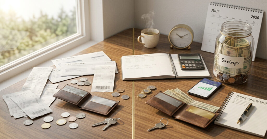 Budget planner, receipts, calculator, savings jar, wallet, and financial tools showing the difference between a failed budget and an organized money-saving plan.