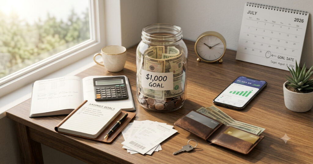Glass savings jar with cash, budget planner, calculator, wallet, and smartphone representing a beginner's plan to save the first $1,000.