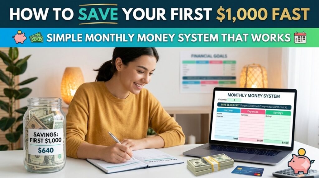 A smiling woman sitting at a desk with a laptop and notebook, tracking her savings in a "Monthly Money System" spreadsheet next to a glass jar filled with cash labeled "Savings: First $1,000."