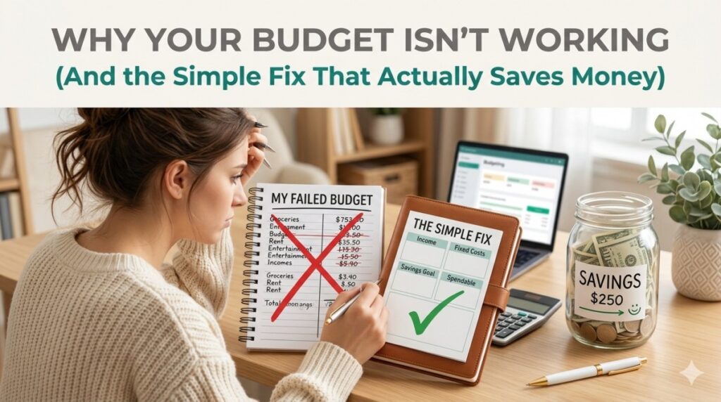 A stressed young woman sits at a desk, reviewing a handwritten "MY FAILED BUDGET" notebook with a red X, while a cleaner, simpler "THE SIMPLE FIX" plan with a green checkmark sits next to a glass savings jar filled with cash. A laptop with budgeting software is visible in the background of the home office.