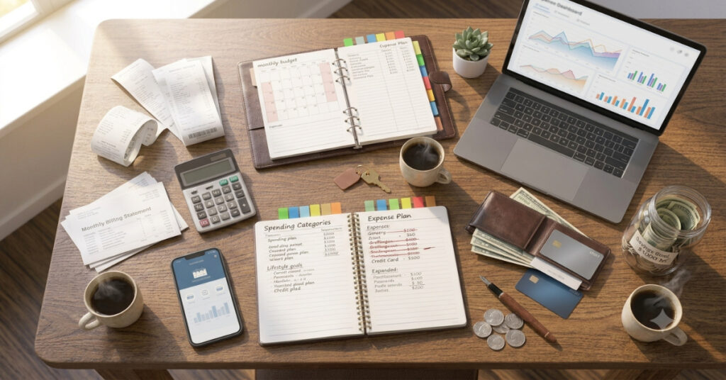 Organized personal budgeting workspace with a budget planner, calculator, receipts, savings jar, wallet, and smartphone budgeting app.