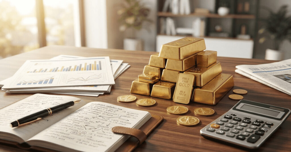 Gold bullion bars and gold coins placed beside investment charts and financial planning tools on a desk for analyzing gold as a long-term investment.